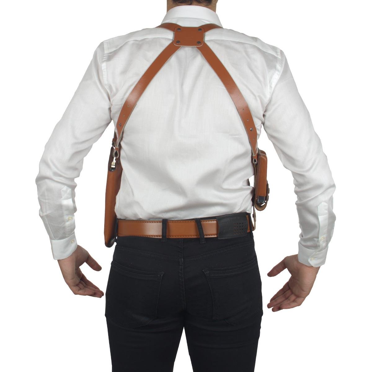 Dik Desenli Deri Koltuk Altı Tabanca Kılıfı Çift Şarjörlüklü Taba-Universal