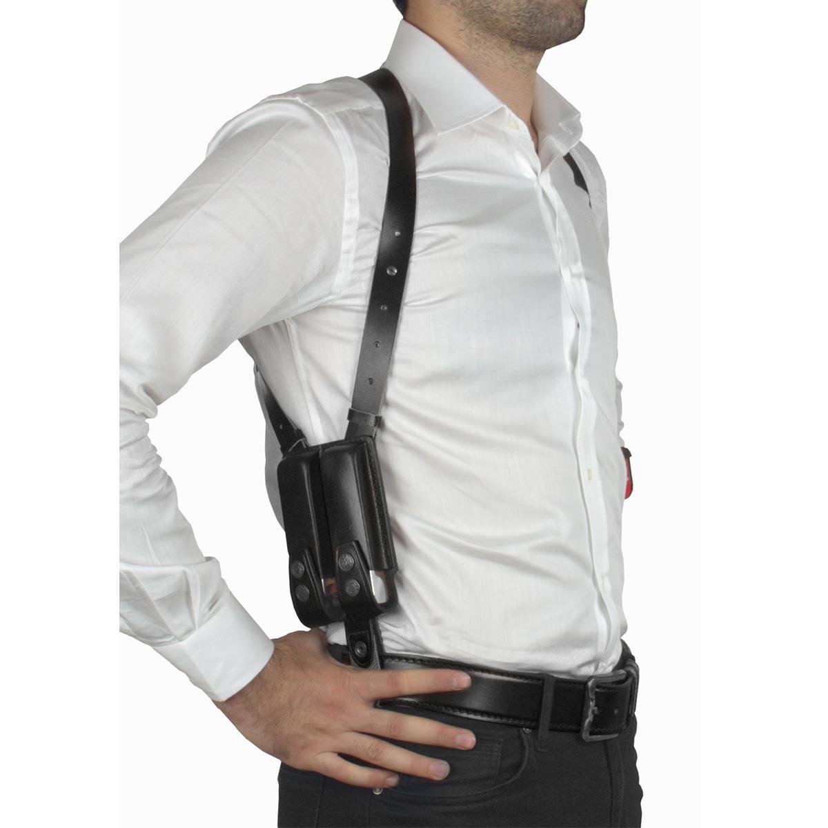 Dik Desenli Deri Koltuk Altı Tabanca Kılıfı Çift Şarjörlüklü Siyah-Universal