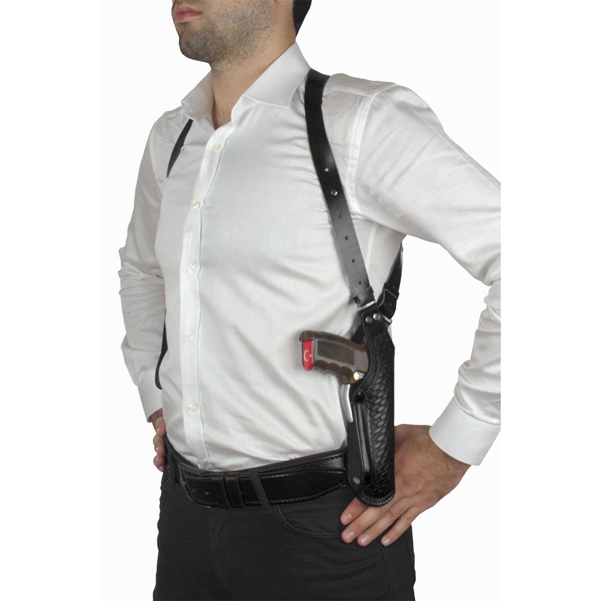 Dik Desenli Deri Koltuk Altı Tabanca Kılıfı Çift Şarjörlüklü Siyah-Universal