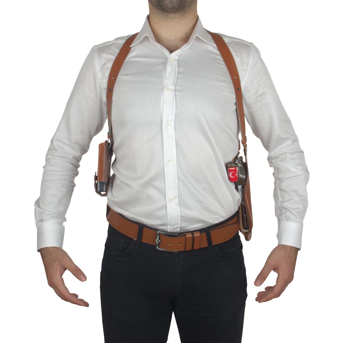 Dik Desenli Deri Koltuk Altı Tabanca Kılıfı Çift Şarjörlüklü Taba-Universal