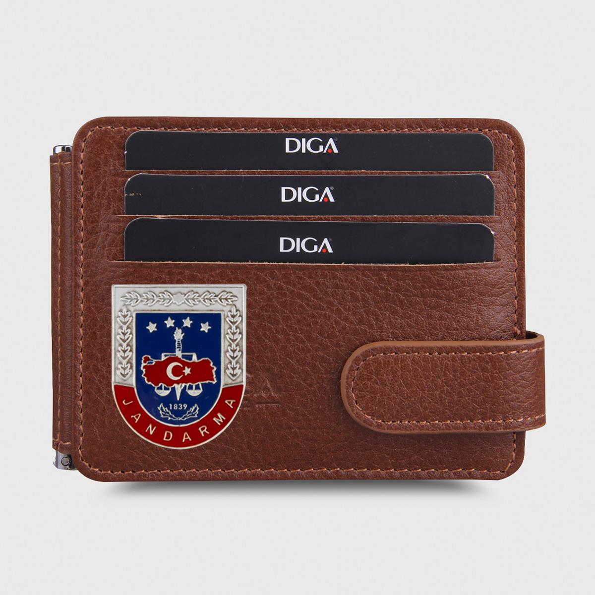 Hakiki Deri Çift Taraflı Para Tokalı Mini Rozetli Jandarma Cüzdanı Taba