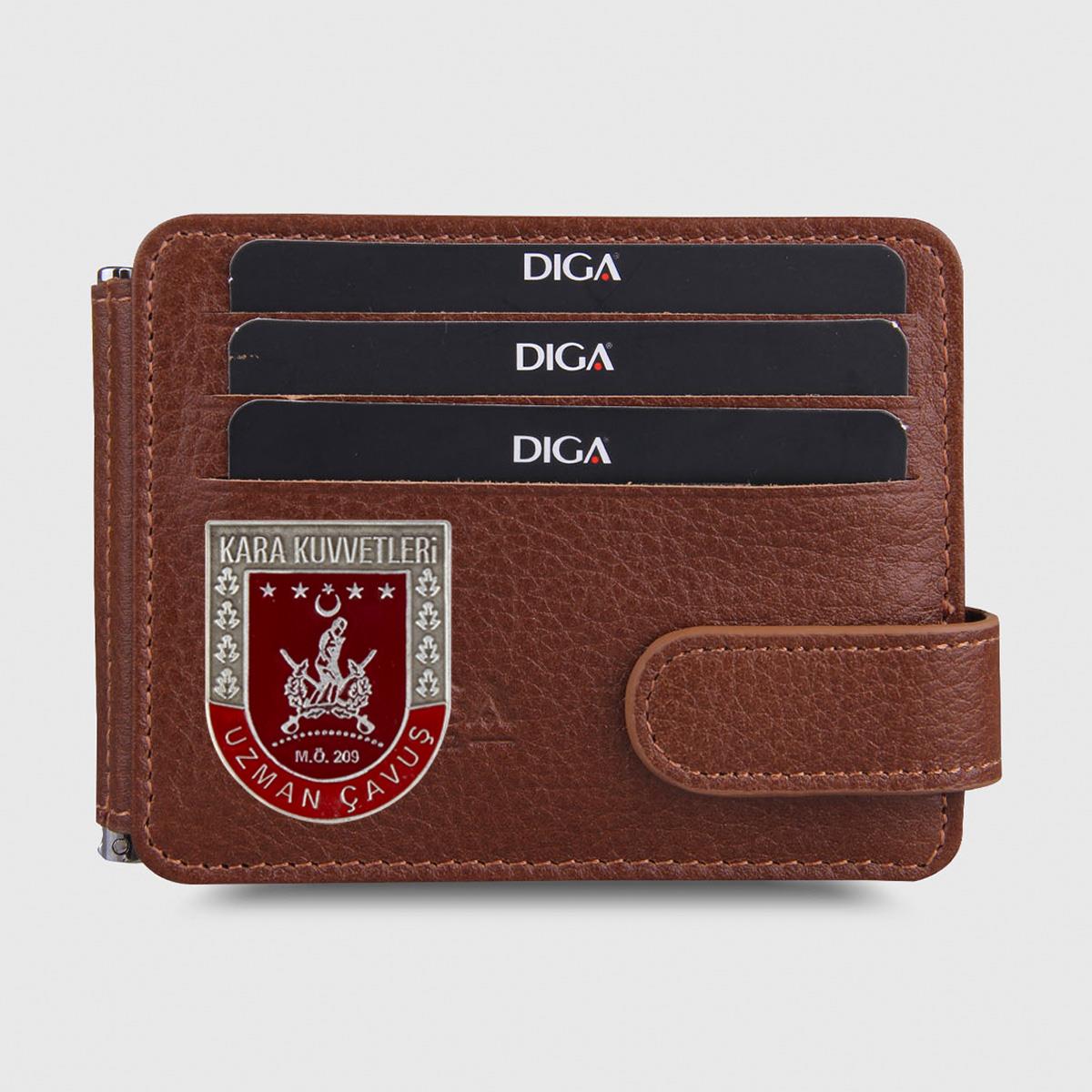 Hakiki Deri Çift Taraflı Para Tokalı Mini Rozetli Uzman Çavuş Cüzdanı Taba