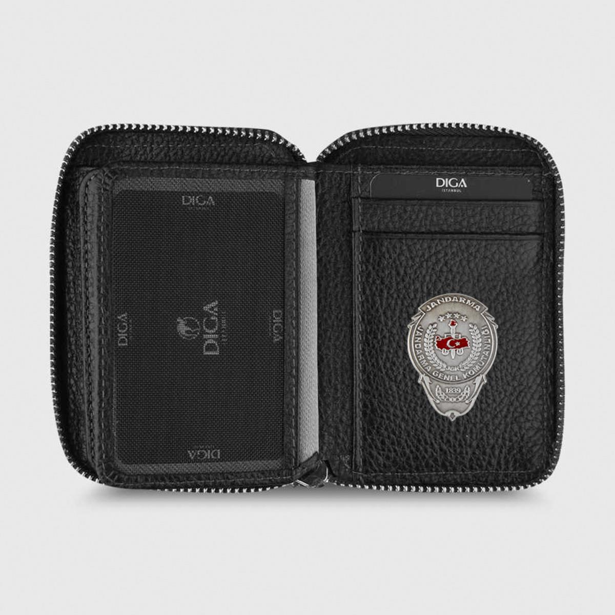 Hakiki Deri Fermuarlı Mini Rozetli Jandarma Genel Komutanlığı Cüzdanı Siyah