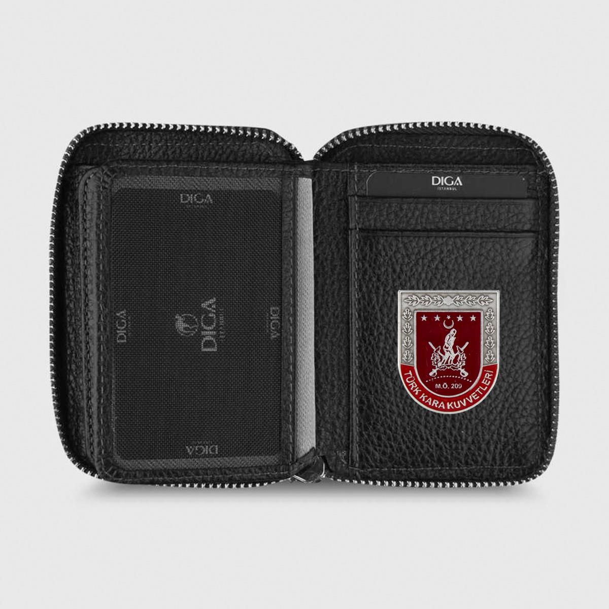 Hakiki Deri Fermuarlı Mini Rozetli Türk Kara Kuvvetleri Cüzdanı Siyah