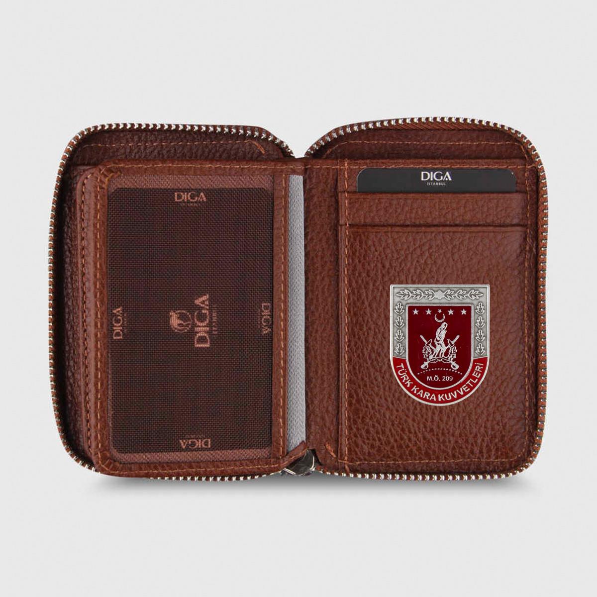 Hakiki Deri Fermuarlı Mini Rozetli Türk Kara Kuvvetleri Cüzdanı Taba