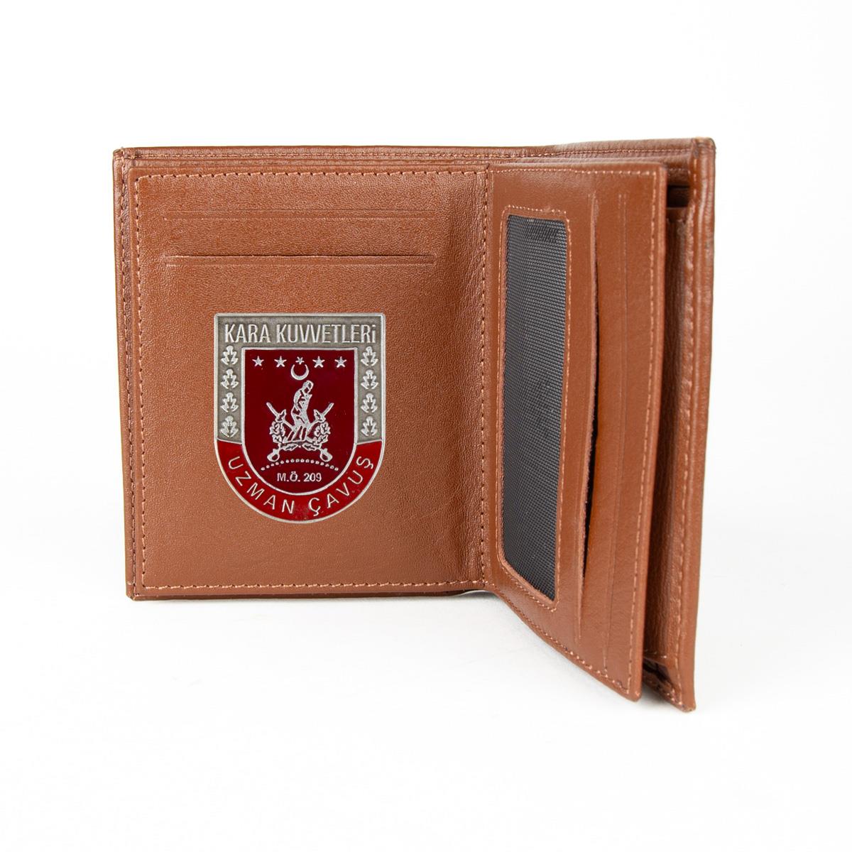 Hakiki Deri Fonksiyonel Model Mini Rozetli Uzman Çavuş Cüzdanı Taba