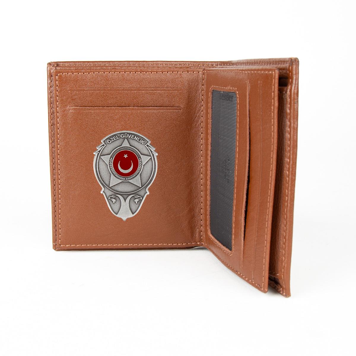 Hakiki Deri Fonksiyonel Model Mini Rozetli Özel Güvenlik Cüzdanı Taba