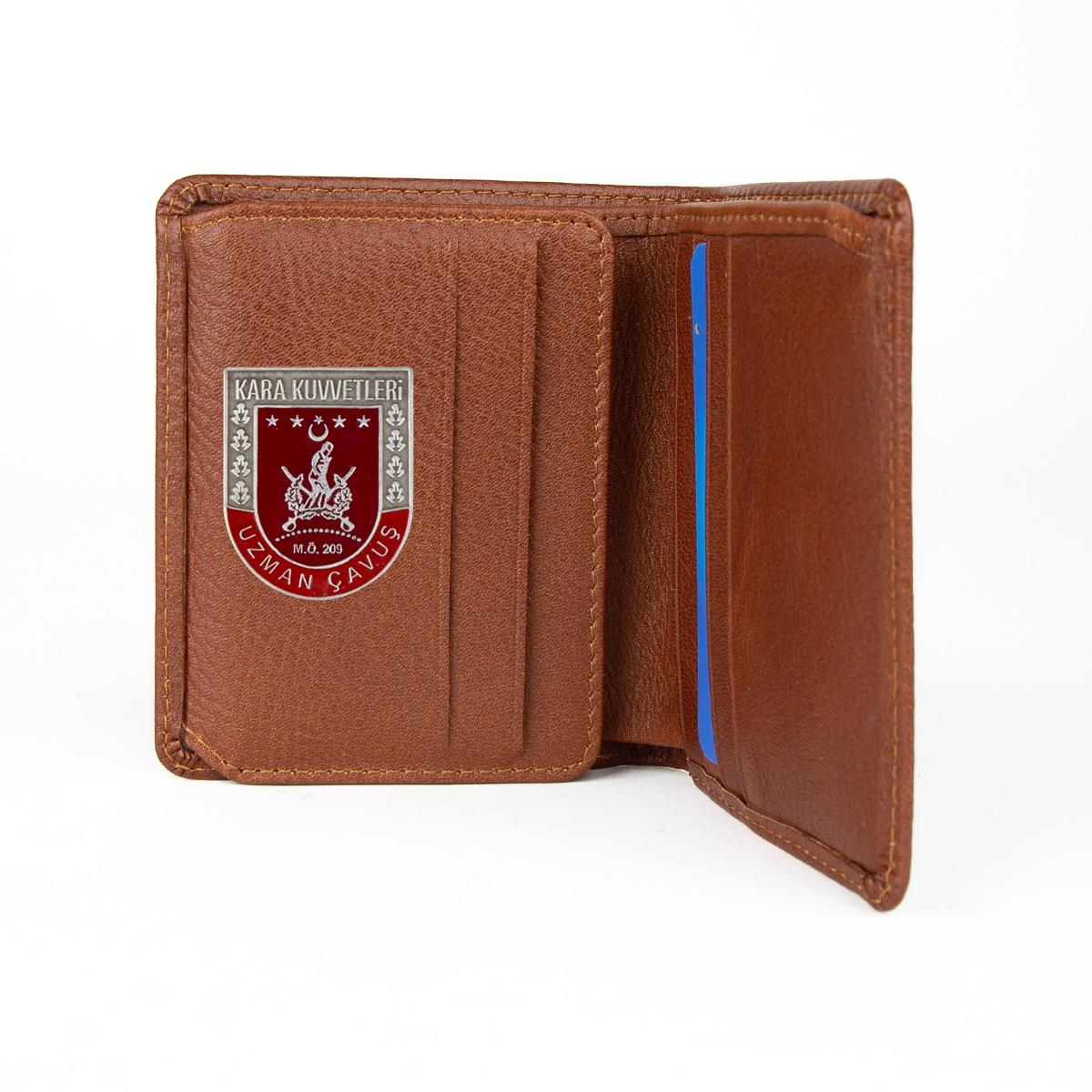 Hakiki Deri Klasik Model Mini Rozetli Uzman Çavuş Cüzdanı Taba
