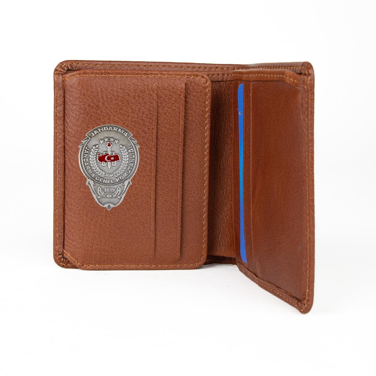 Hakiki Deri Klasik Model Mini Rozetli Jandarma Genel Komutanlığı Cüzdanı Taba