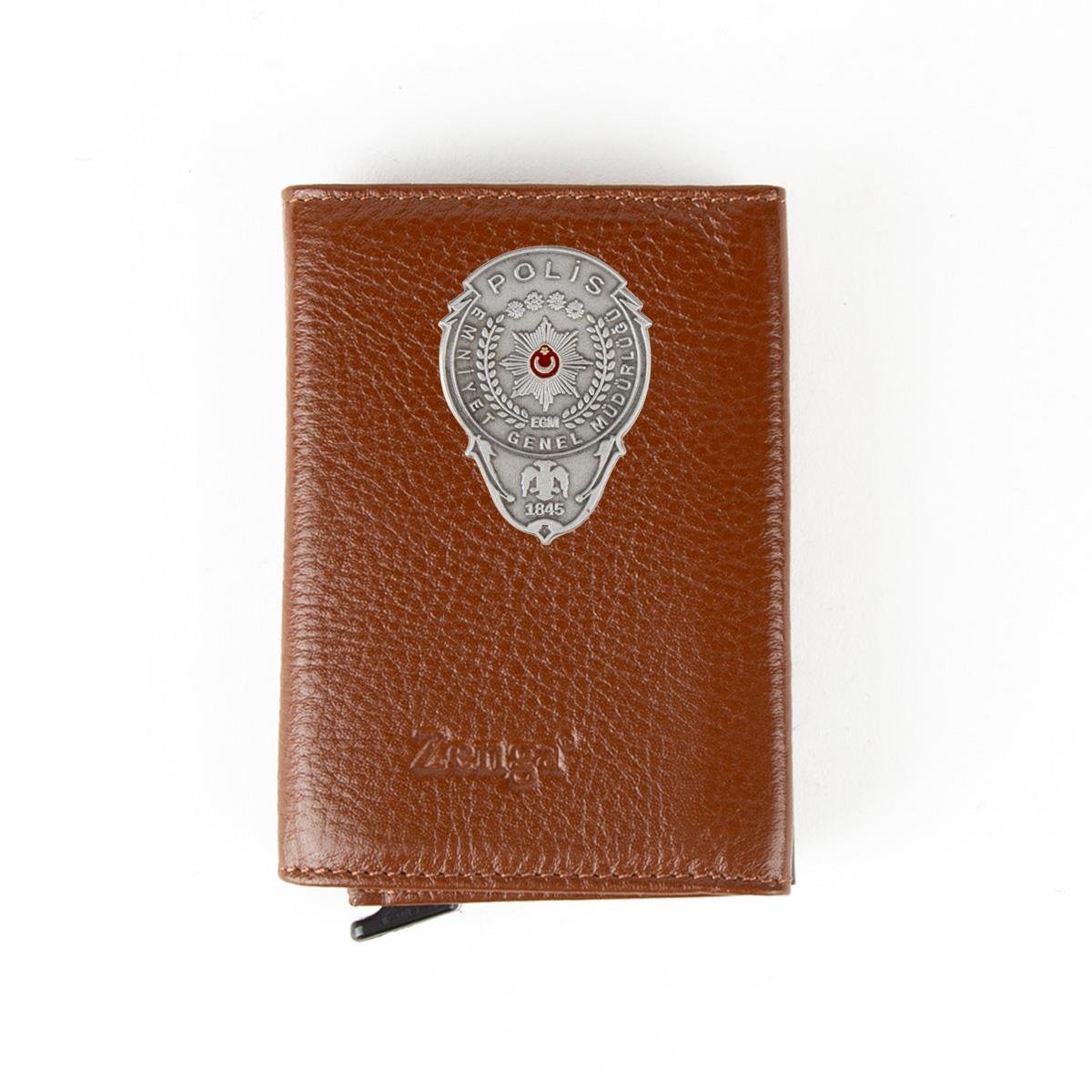 Hakiki Deri Otomatik Mekanizmalı Mini Rozetli Polis Kartlık Taba