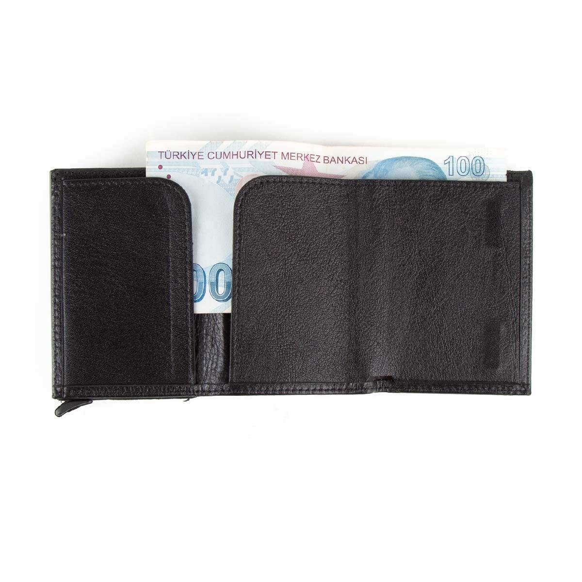 Hakiki Deri Otomatik Mekanizmalı Mini Kartlık Siyah