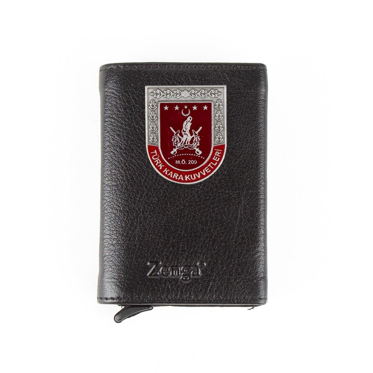 Hakiki Deri Otomatik Mekanizmalı Mini Rozetli Türk Kara Kuvvetleri Kartlık Siyah