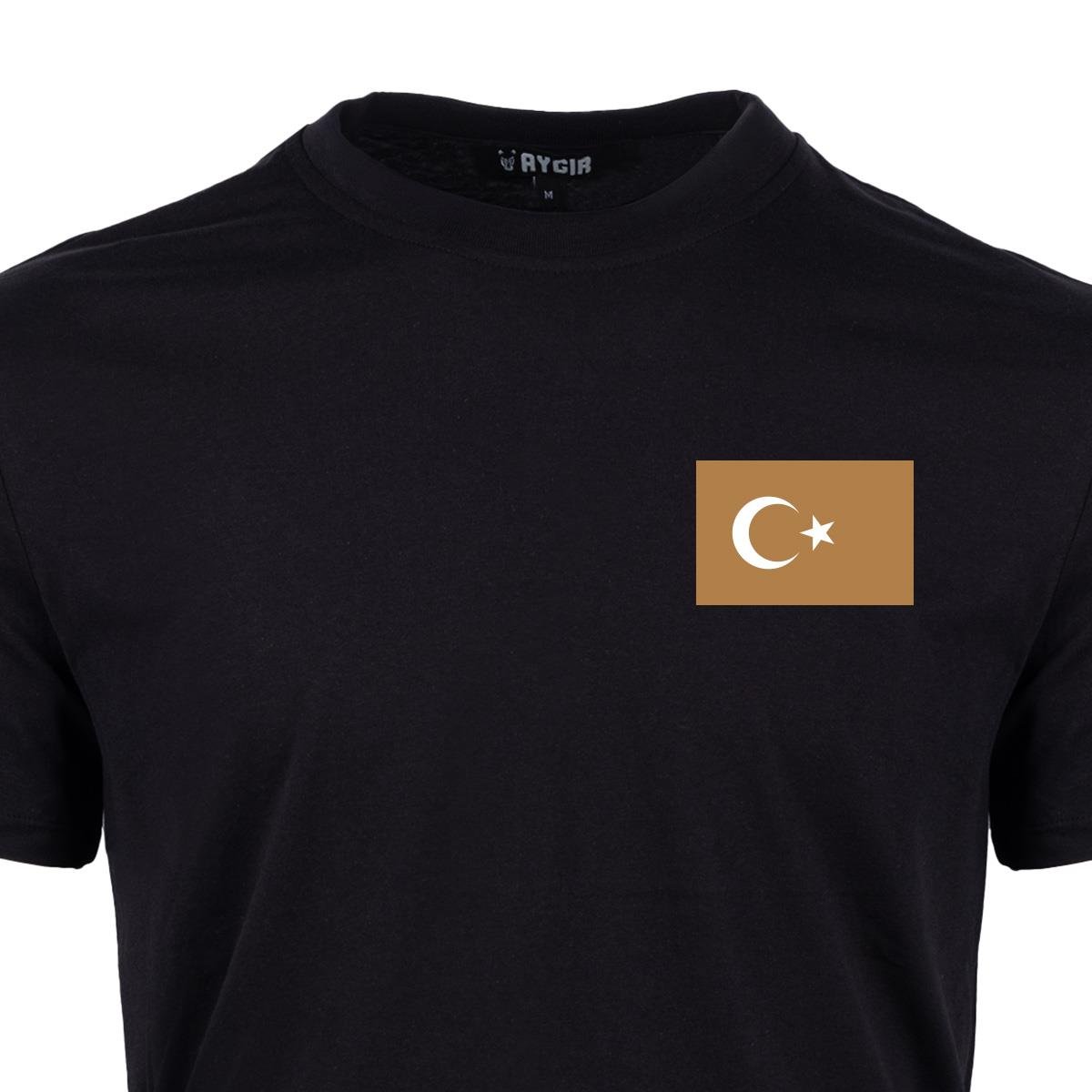 Mini Bej Türk Bayrağı Baskılı Tişört Siyah