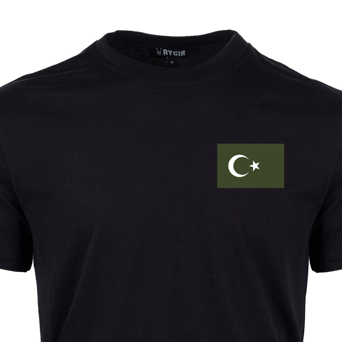 Mini Haki Türk Bayrağı Baskılı Tişört Siyah