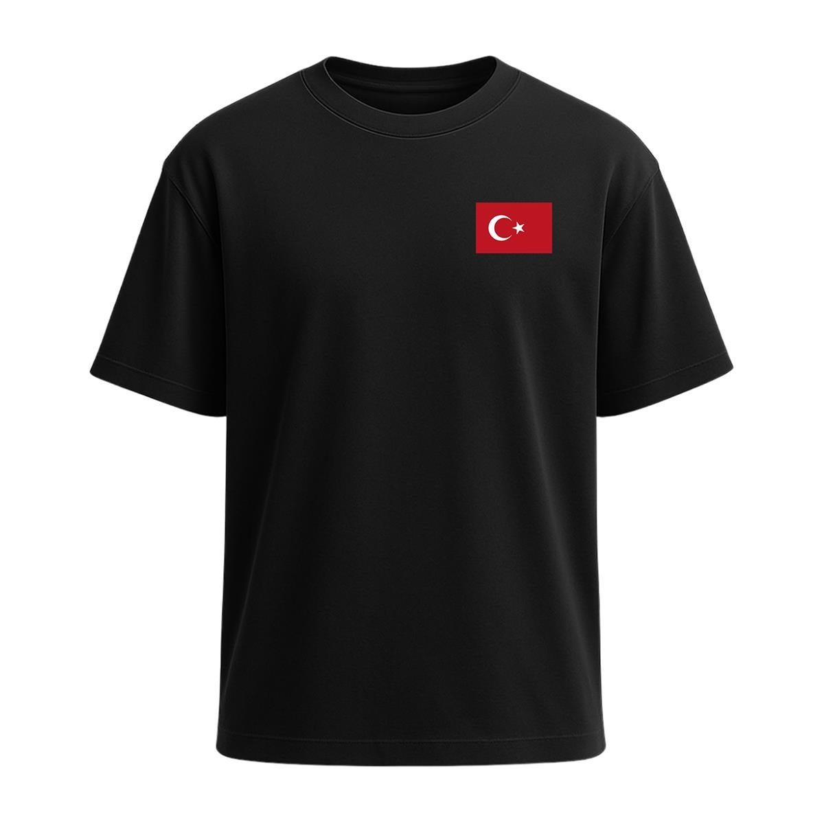 Mini Kırmızı Türk Bayrağı Baskılı Tişört Siyah