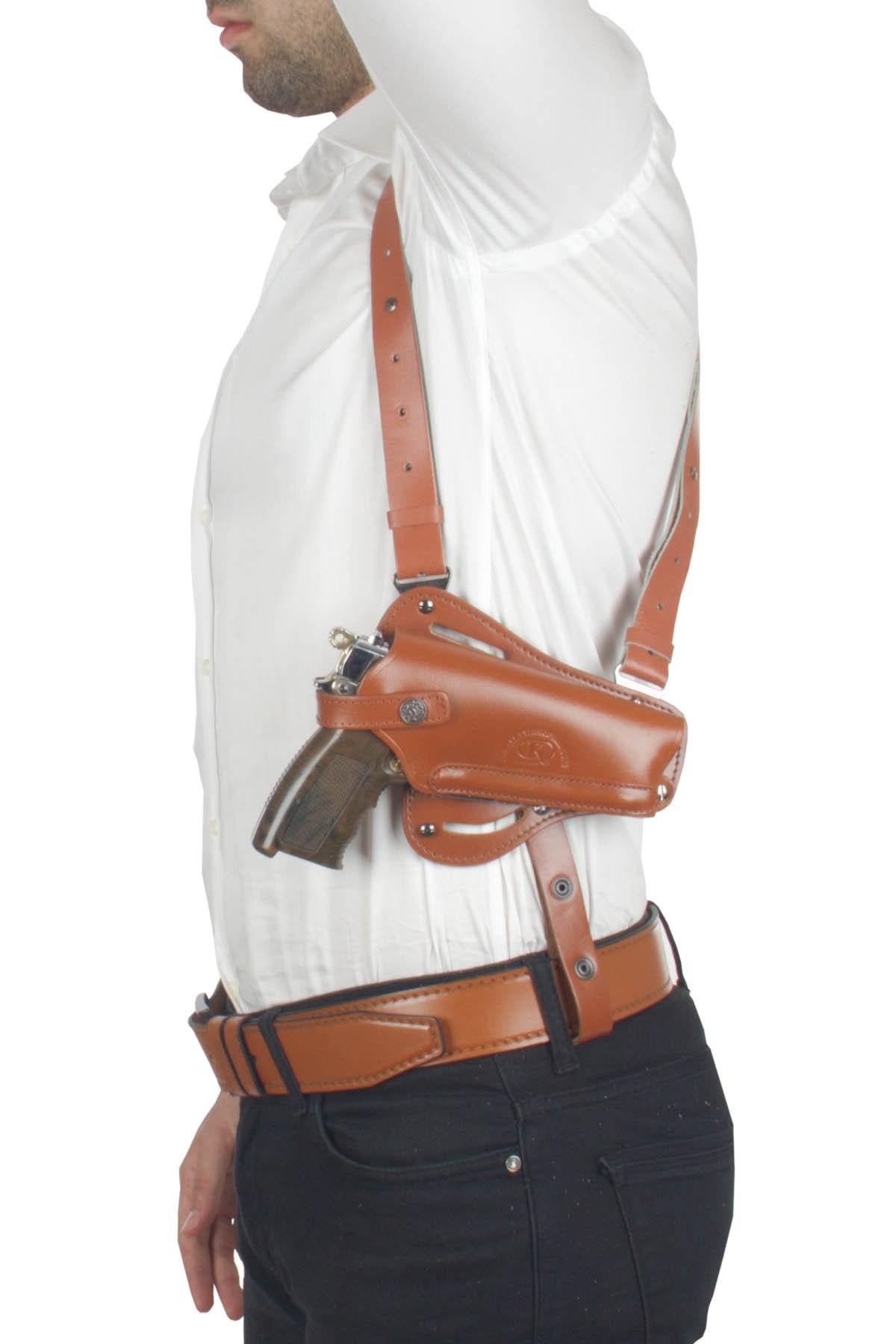 Profesyonel Deri Koltukaltı Silah Kılıfı (Tüm Tabancalar İçin) Çift Şarjörlü Taba