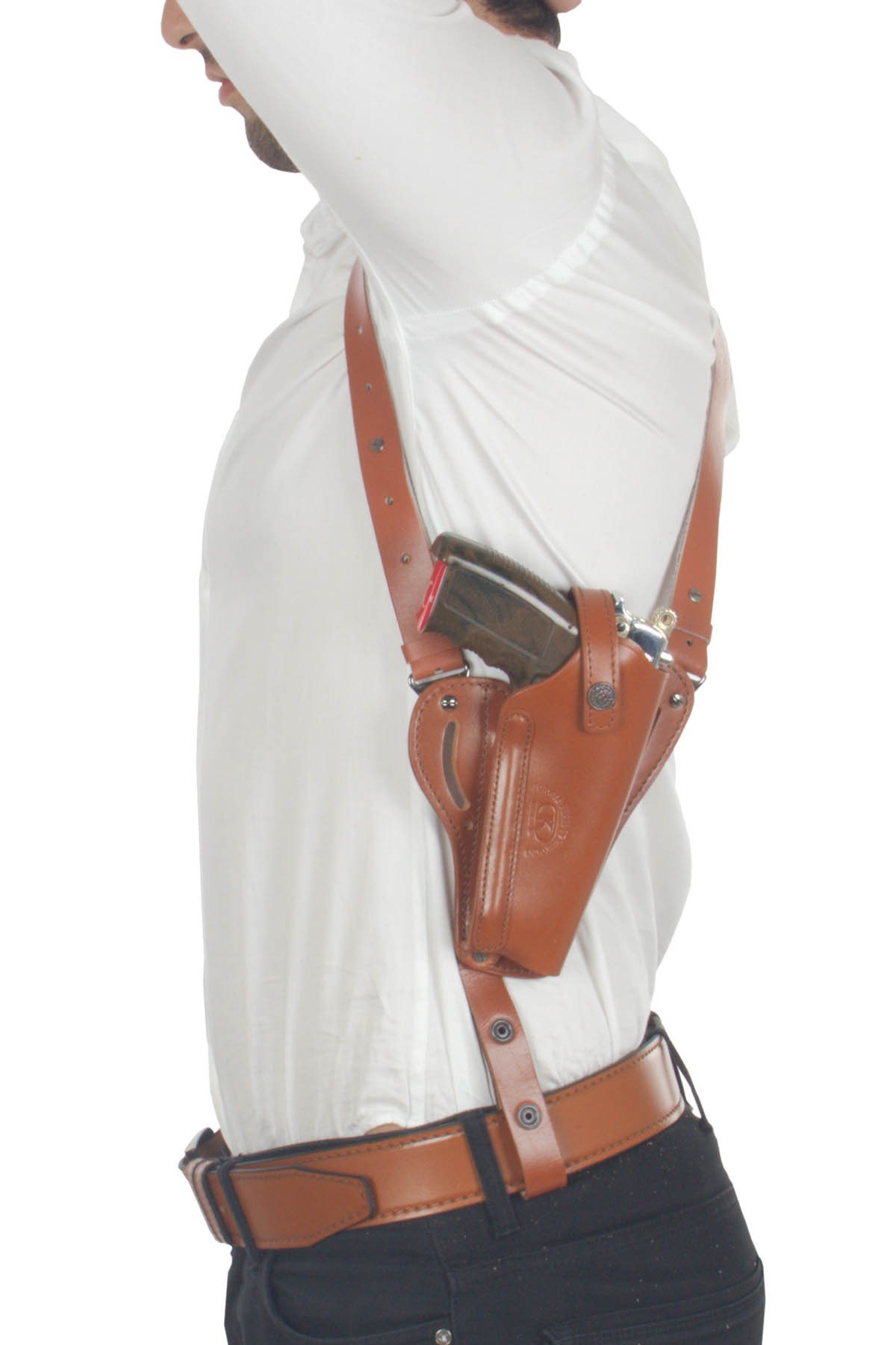 Profesyonel Deri Koltukaltı Silah Kılıfı (Tüm Tabancalar İçin) Çift Şarjörlü Taba