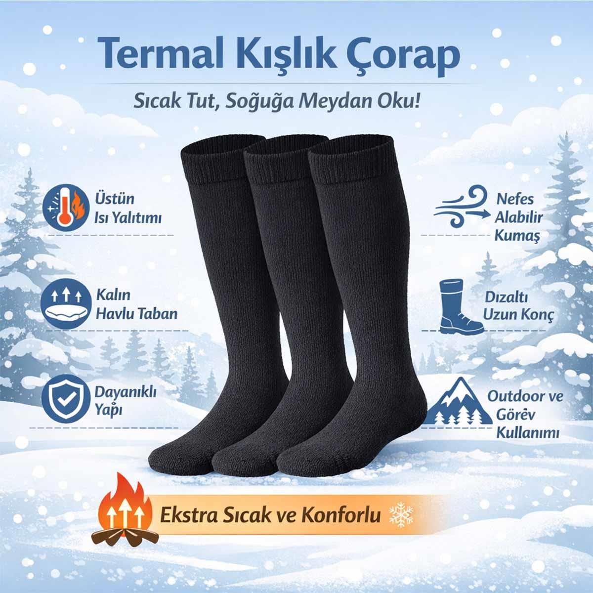 Siyah Uzun Konç Kışlık Termal Havlu Çorap