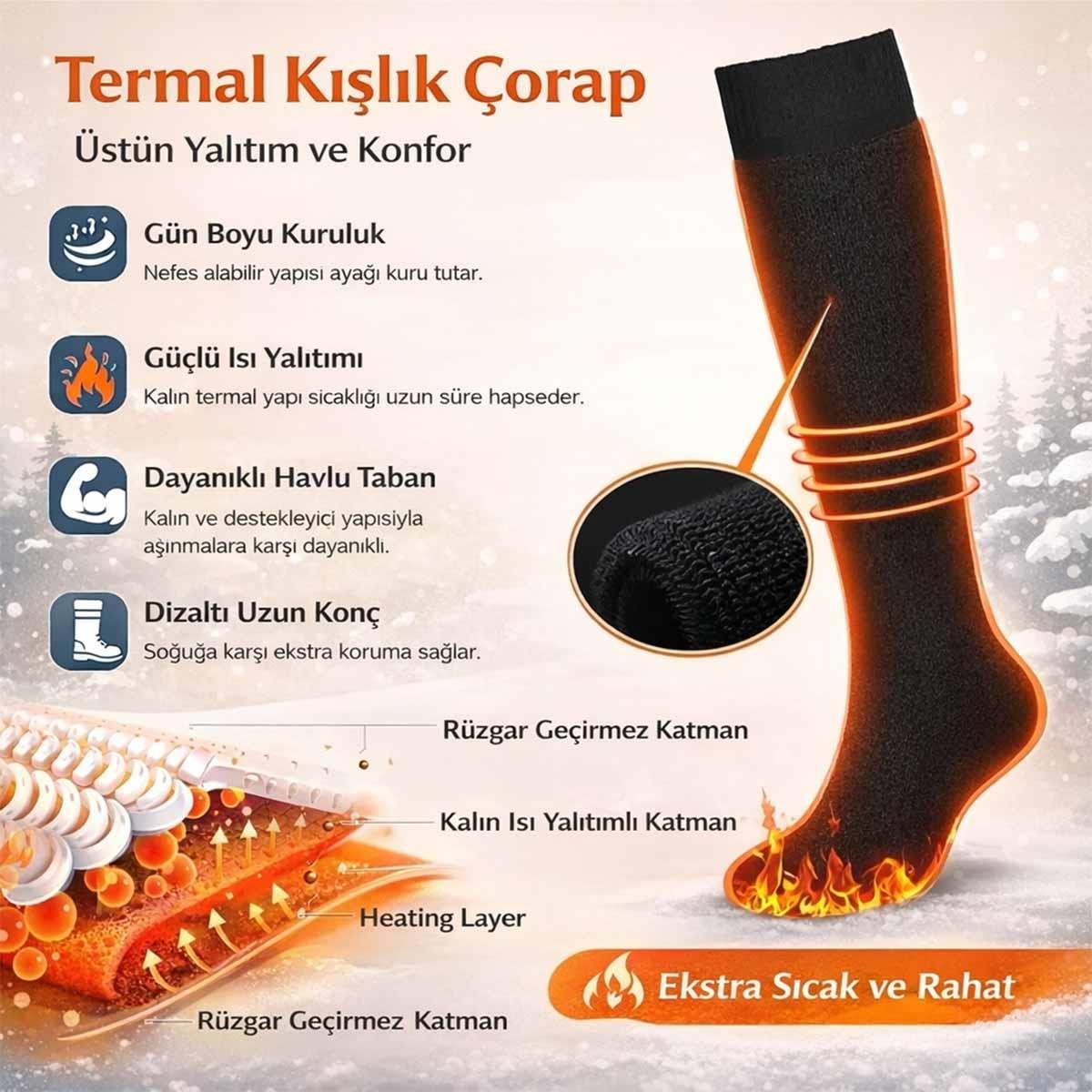 Siyah Uzun Konç Kışlık Termal Havlu Çorap