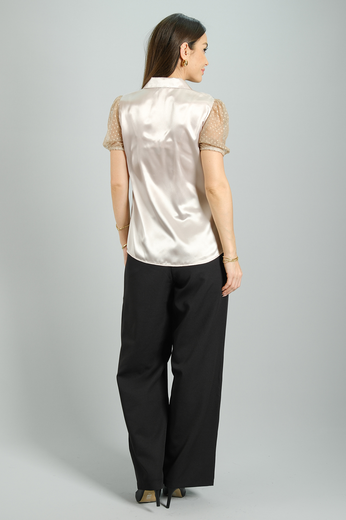 SWEETNESS Kadın Bej Saten Kısa Tül Kollu Abiye GömlekSWEETNESS