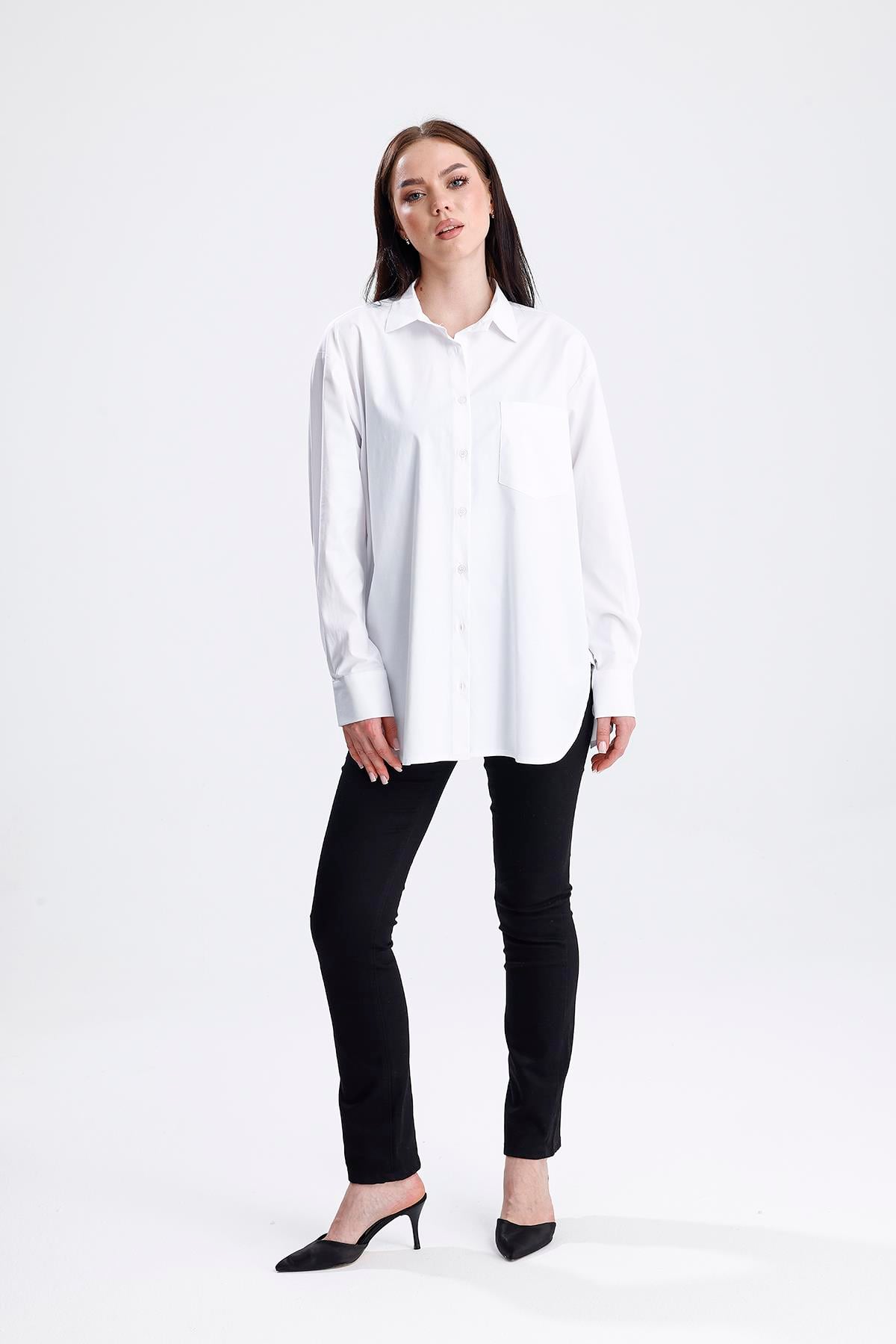 SWEETNESS Kadın Beyaz Oversize Likralı Uzun Kol Pamuklu GömlekSWEETNESS