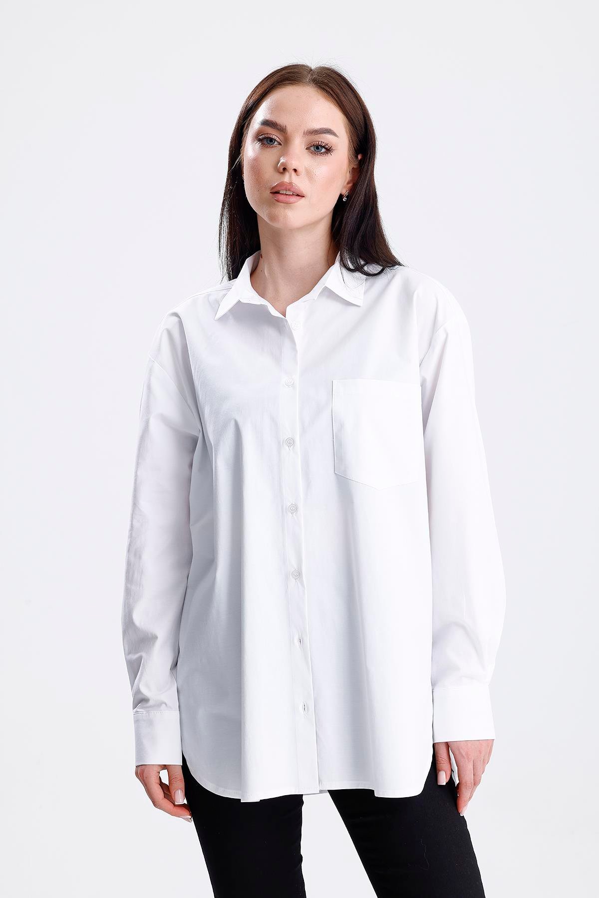 SWEETNESS Kadın Beyaz Oversize Likralı Uzun Kol Pamuklu GömlekSWEETNESS