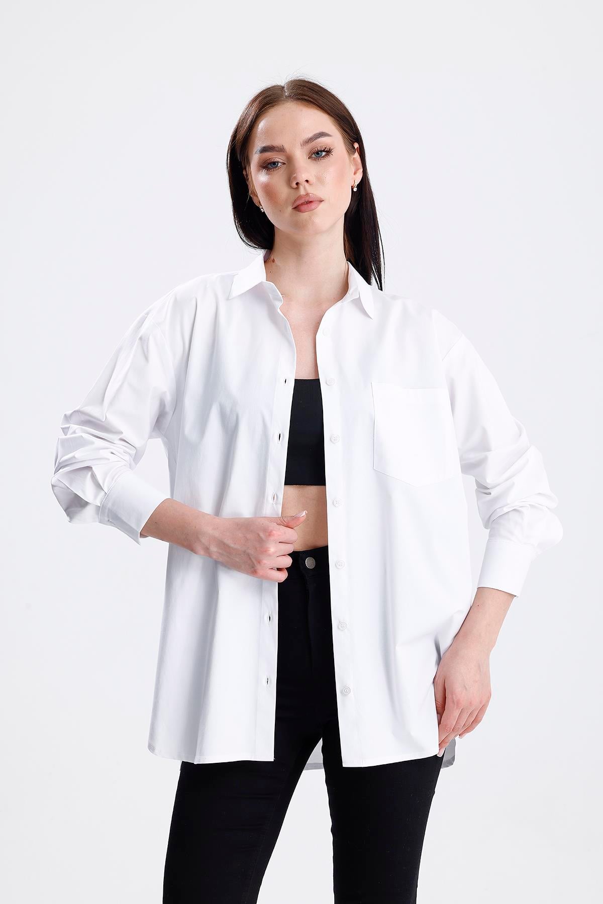 SWEETNESS Kadın Beyaz Oversize Likralı Uzun Kol Pamuklu GömlekSWEETNESS