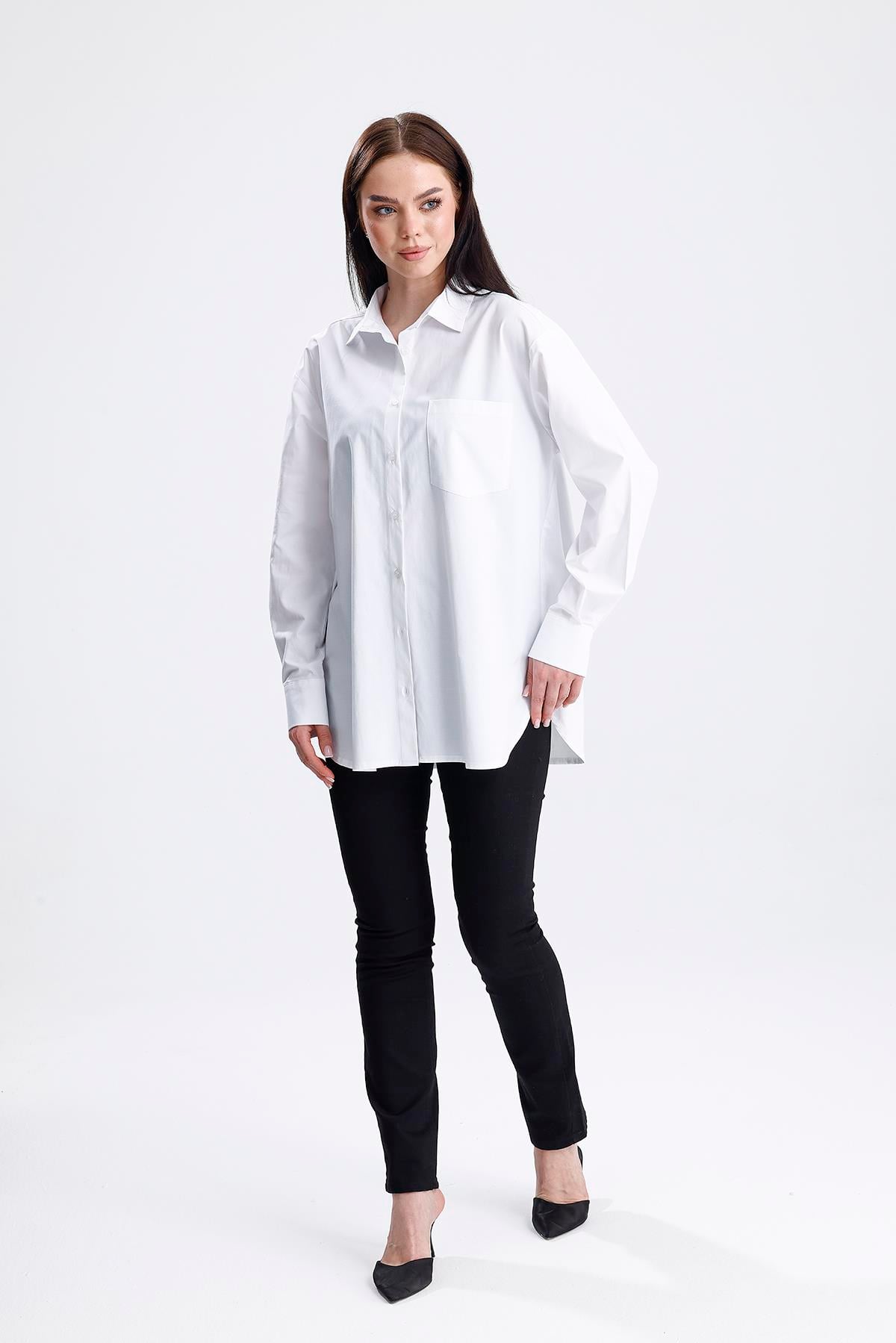 SWEETNESS Kadın Beyaz Oversize Likralı Uzun Kol Pamuklu GömlekSWEETNESS