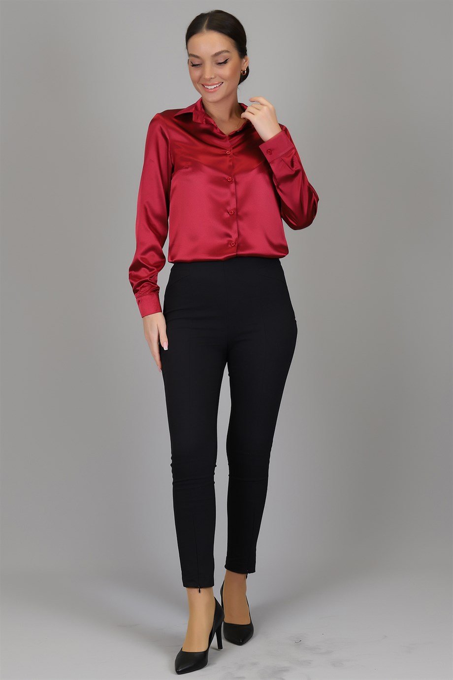 SWEETNESS Women's Claret Red Satin ShirtSWEETNESS