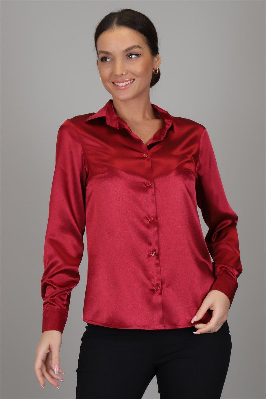 SWEETNESS Women's Claret Red Satin ShirtSWEETNESS