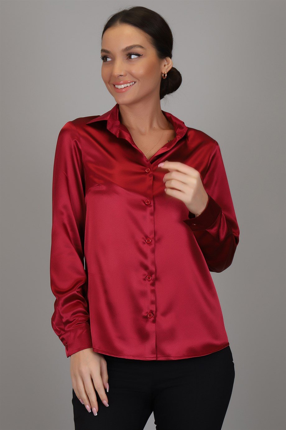 SWEETNESS Women's Claret Red Satin ShirtSWEETNESS