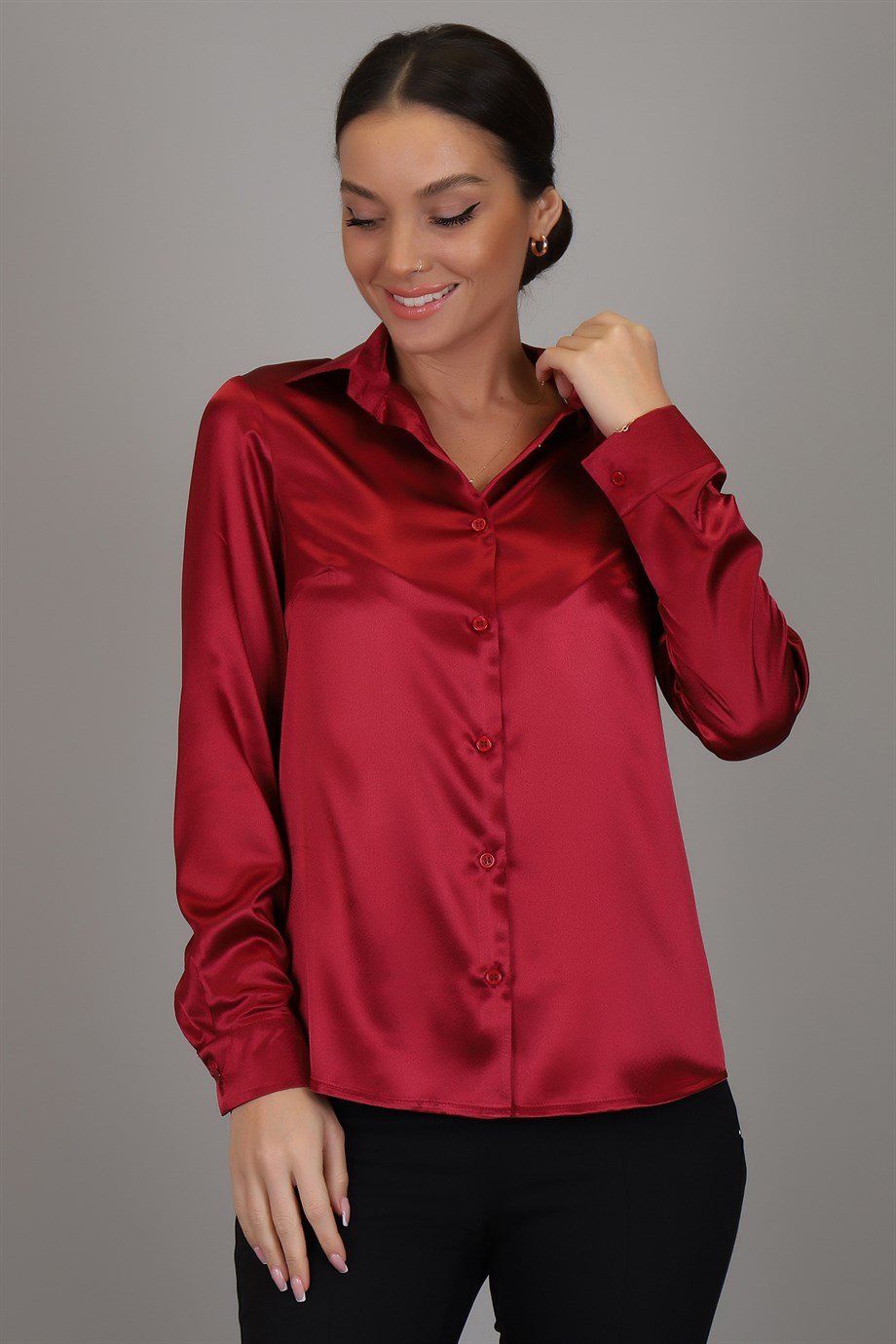 SWEETNESS Women's Claret Red Satin ShirtSWEETNESS