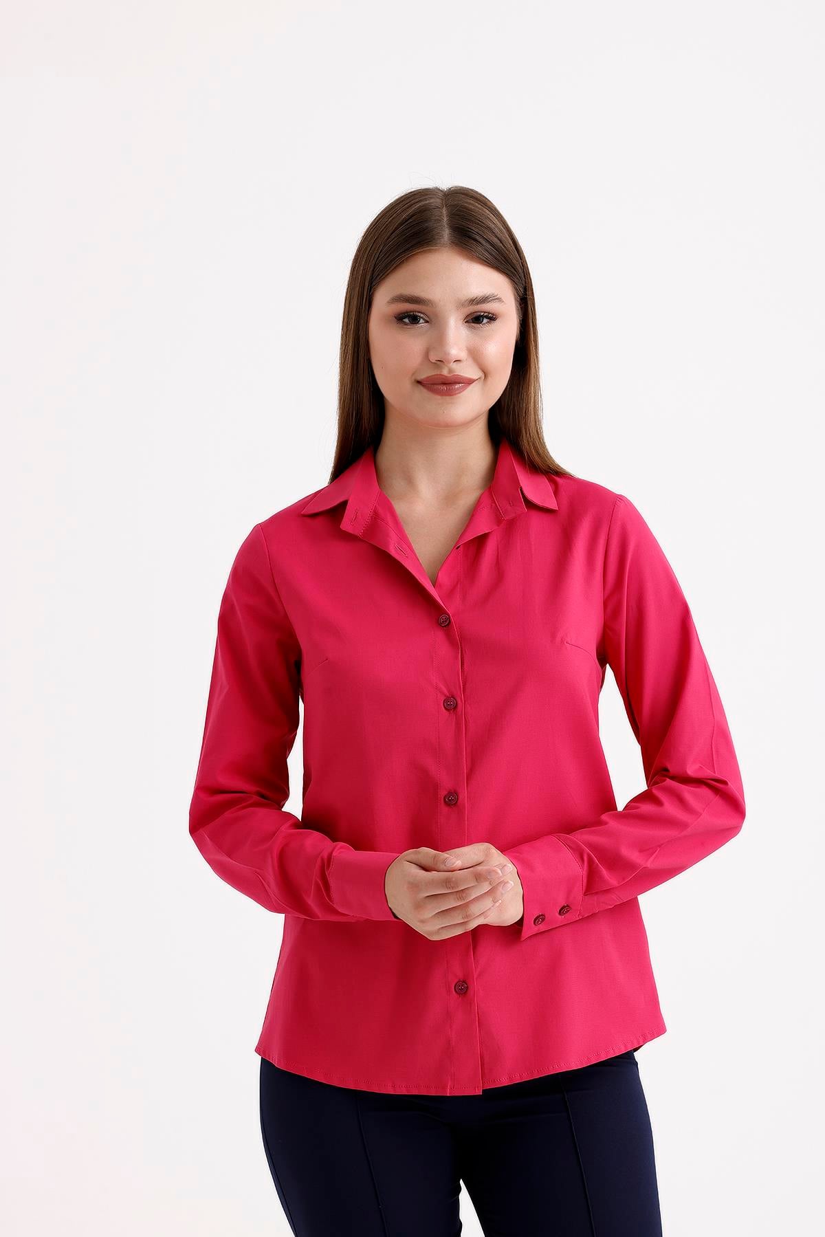 Sweetness Kadın Fuşya Pembe Likralı Uzun Kol Pamuklu Klasik GömlekSWEETNESS