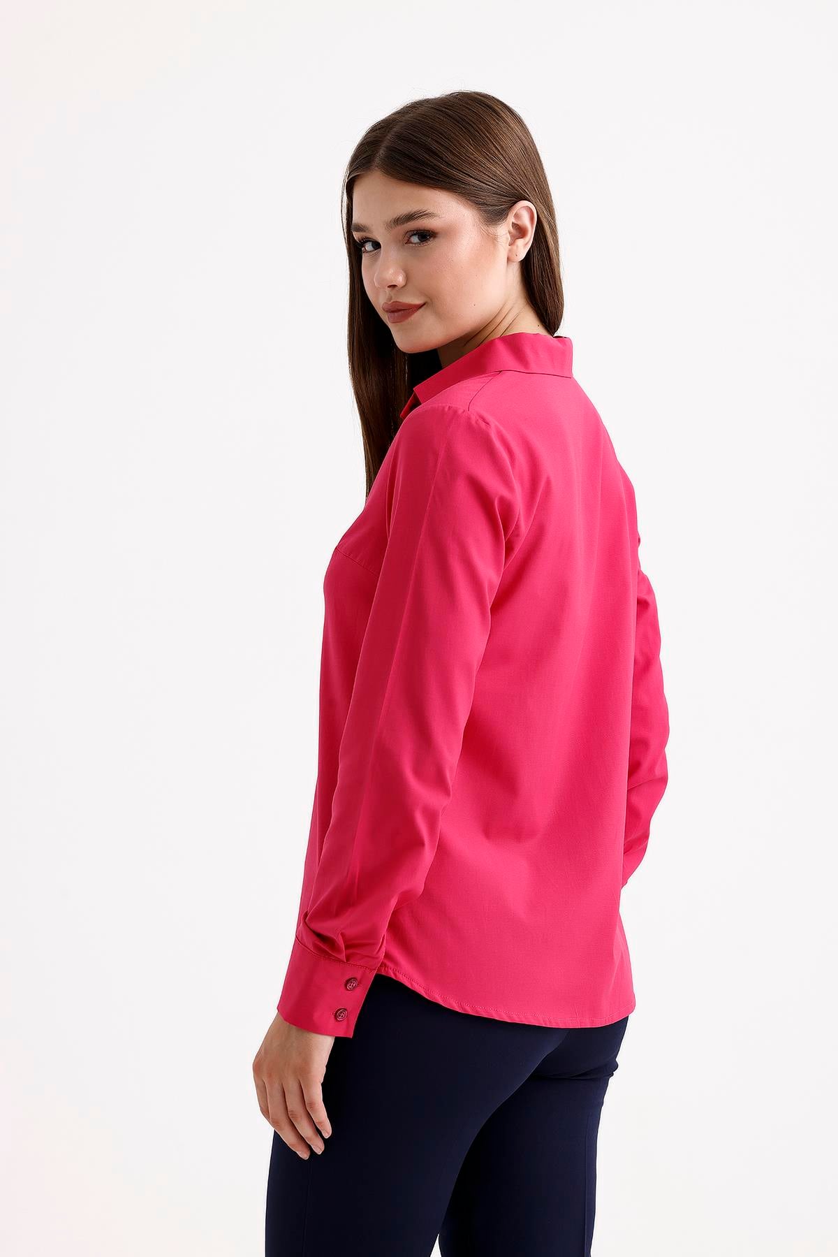 Sweetness Kadın Fuşya Pembe Likralı Uzun Kol Pamuklu Klasik GömlekSWEETNESS