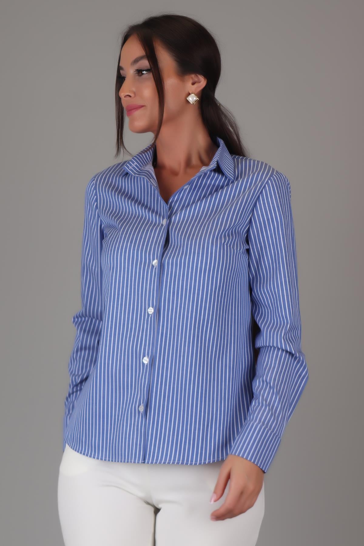 SWEETNESS Kadın İndigo Çizgili Uzun Kollu Likralı Pamuklu Klasik Gömlek DK002-4SWEETNESS