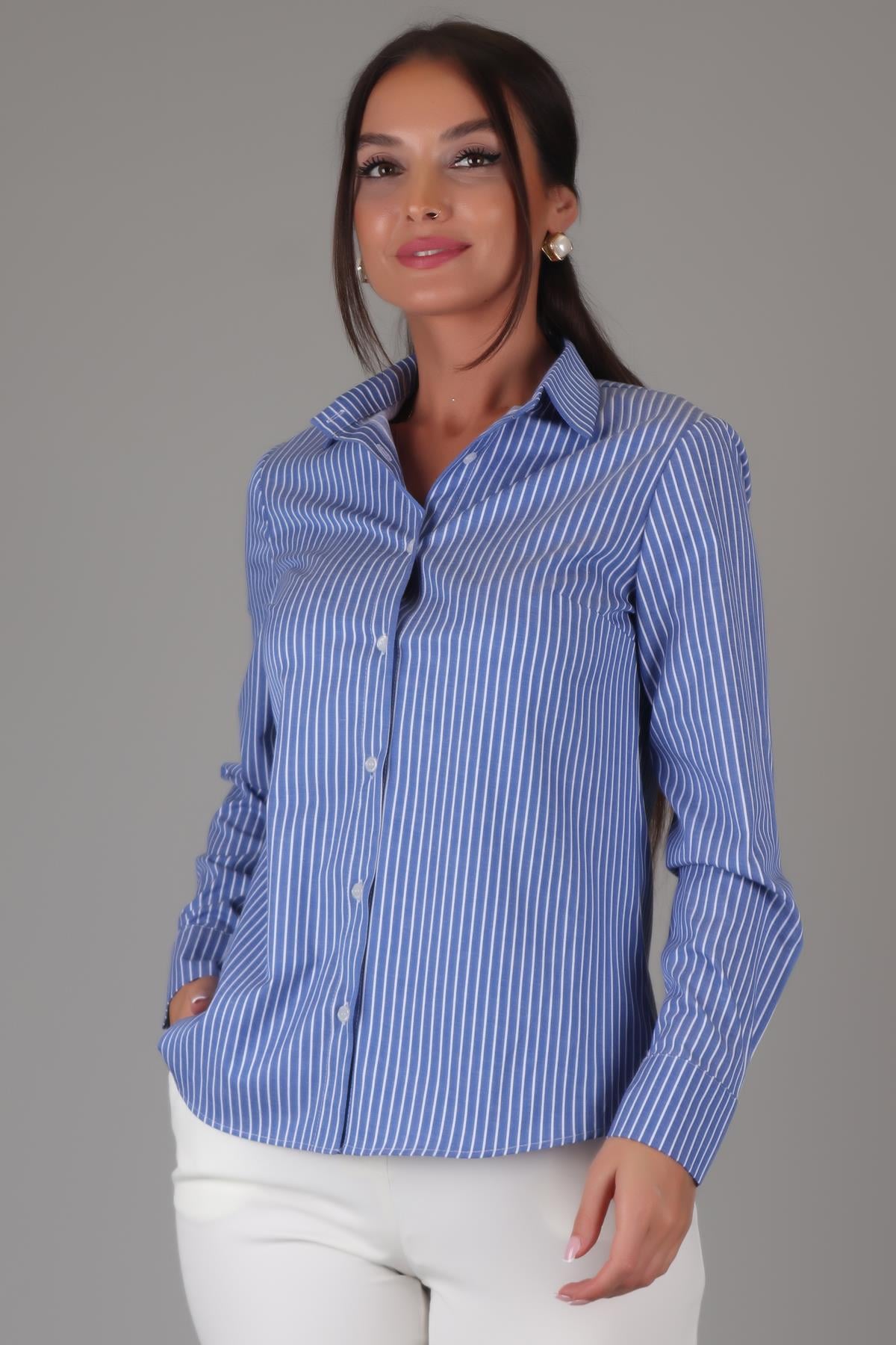 SWEETNESS Kadın İndigo Çizgili Uzun Kollu Likralı Pamuklu Klasik Gömlek DK002-4SWEETNESS