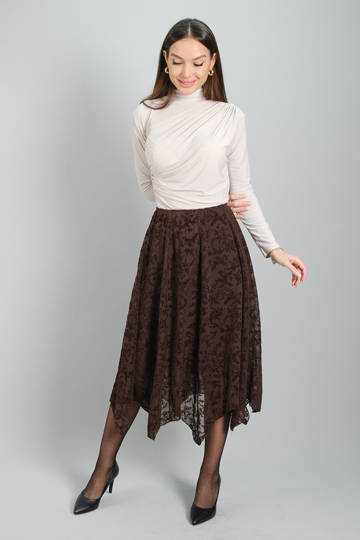 Sweetness Kadın Kahverengi Flok Desenli Şifon Kumaş Parçalı Model Astarlı EtekSWEETNESS