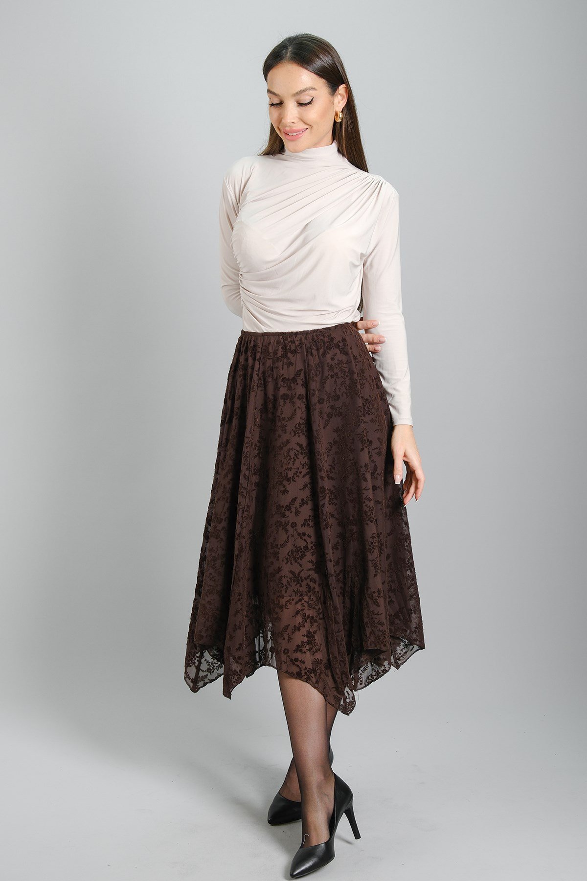 Sweetness Kadın Kahverengi Flok Desenli Şifon Kumaş Parçalı Model Astarlı EtekSWEETNESS
