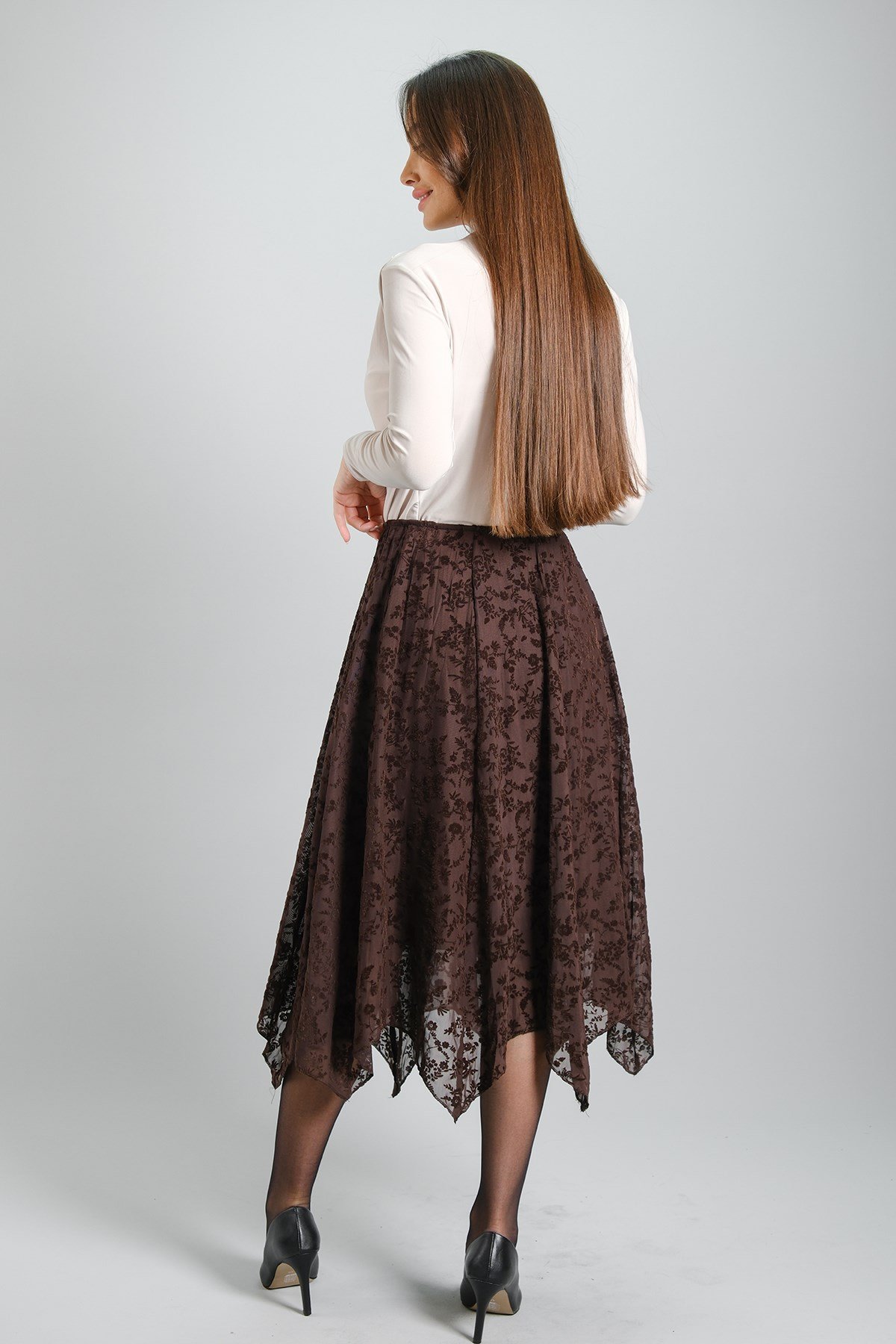 Sweetness Kadın Kahverengi Flok Desenli Şifon Kumaş Parçalı Model Astarlı EtekSWEETNESS