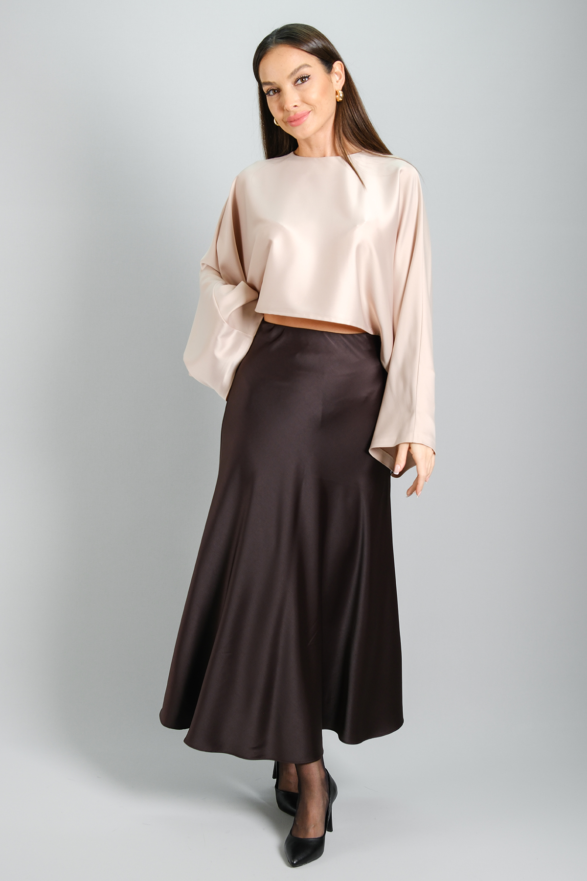 Sweetness Kadın Kahverengi Likralı Saten Maxi Boy Abiye EtekSWEETNESS