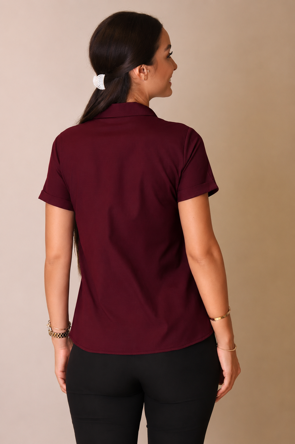 SWEETNESS Kadın Koyu Bordo Likralı Kısa Kol Pamuklu Klasik GömlekSWEETNESS