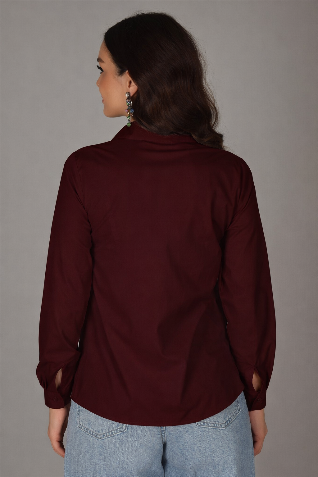 Sweetness Kadın Koyu Bordo Likralı Uzun Kol Pamuklu Klasik GömlekSWEETNESS