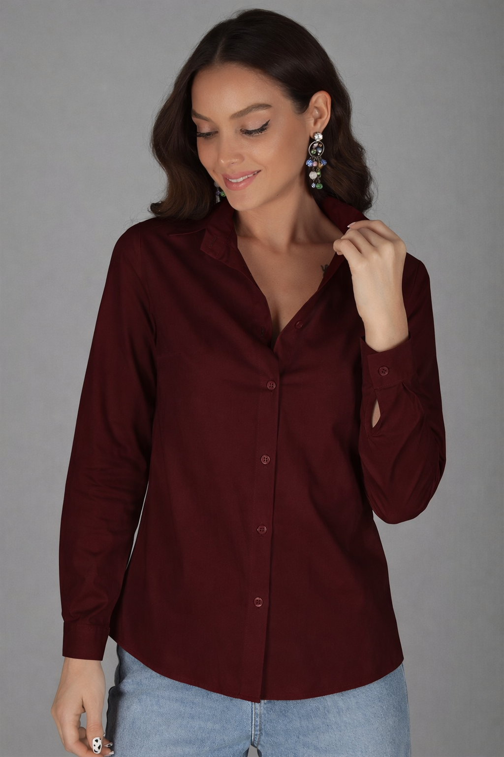 Sweetness Kadın Koyu Bordo Likralı Uzun Kol Pamuklu Klasik GömlekSWEETNESS