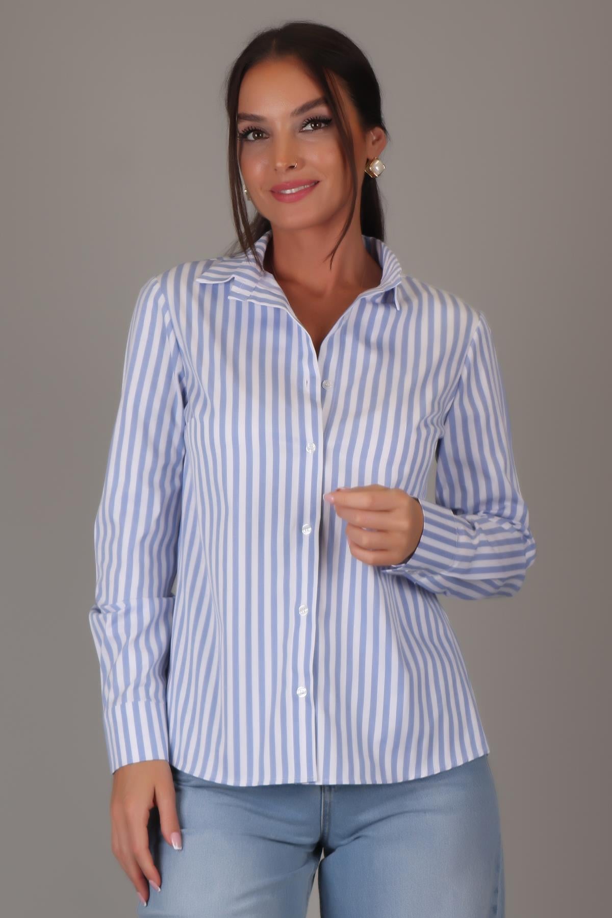 SWEETNESS Kadın Mavi Çizgili Uzun Kollu Likralı Pamuklu Klasik Gömlek DK004-1SWEETNESS