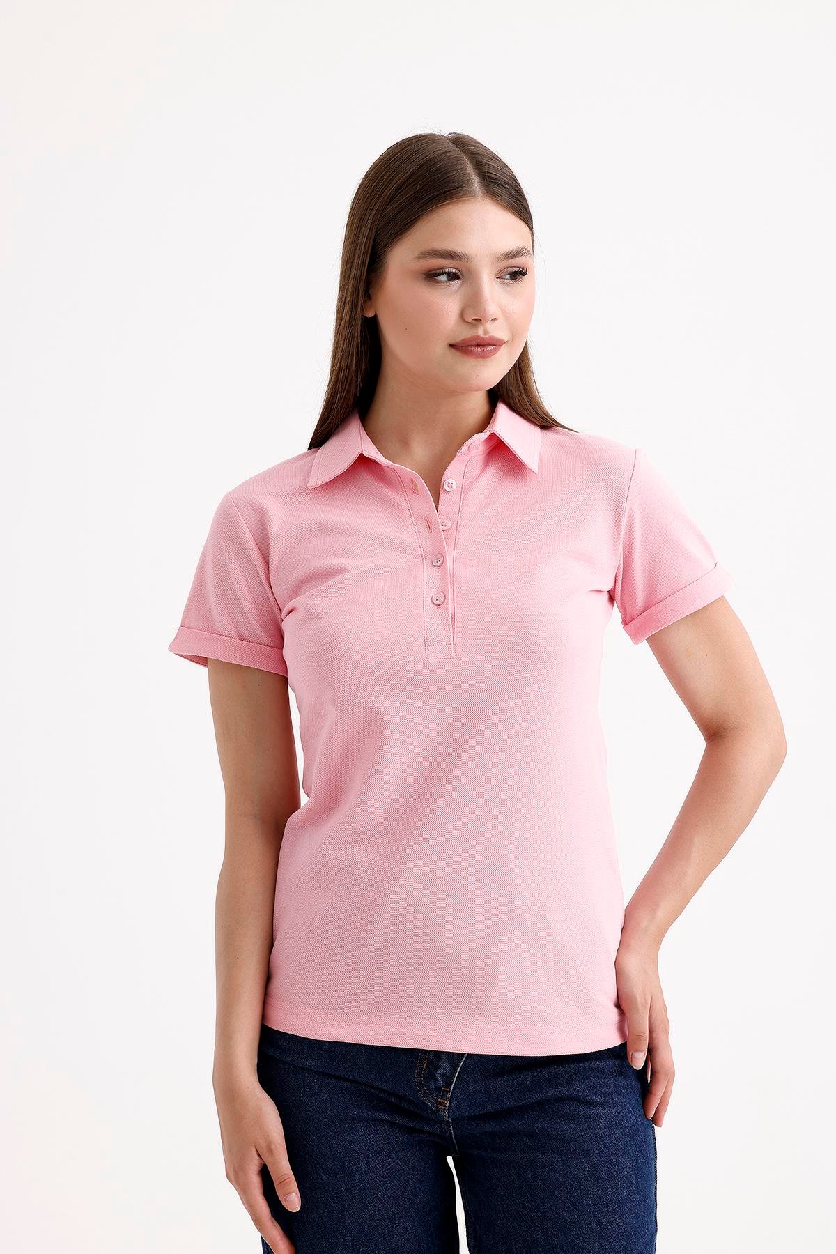 SWEETNESS Kadın Pembe Gömlek Yaka Kısa Kol Pamuklu TişörtSWEETNESS