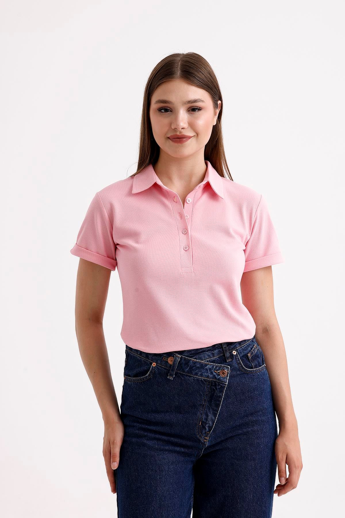 SWEETNESS Kadın Pembe Gömlek Yaka Kısa Kol Pamuklu TişörtSWEETNESS