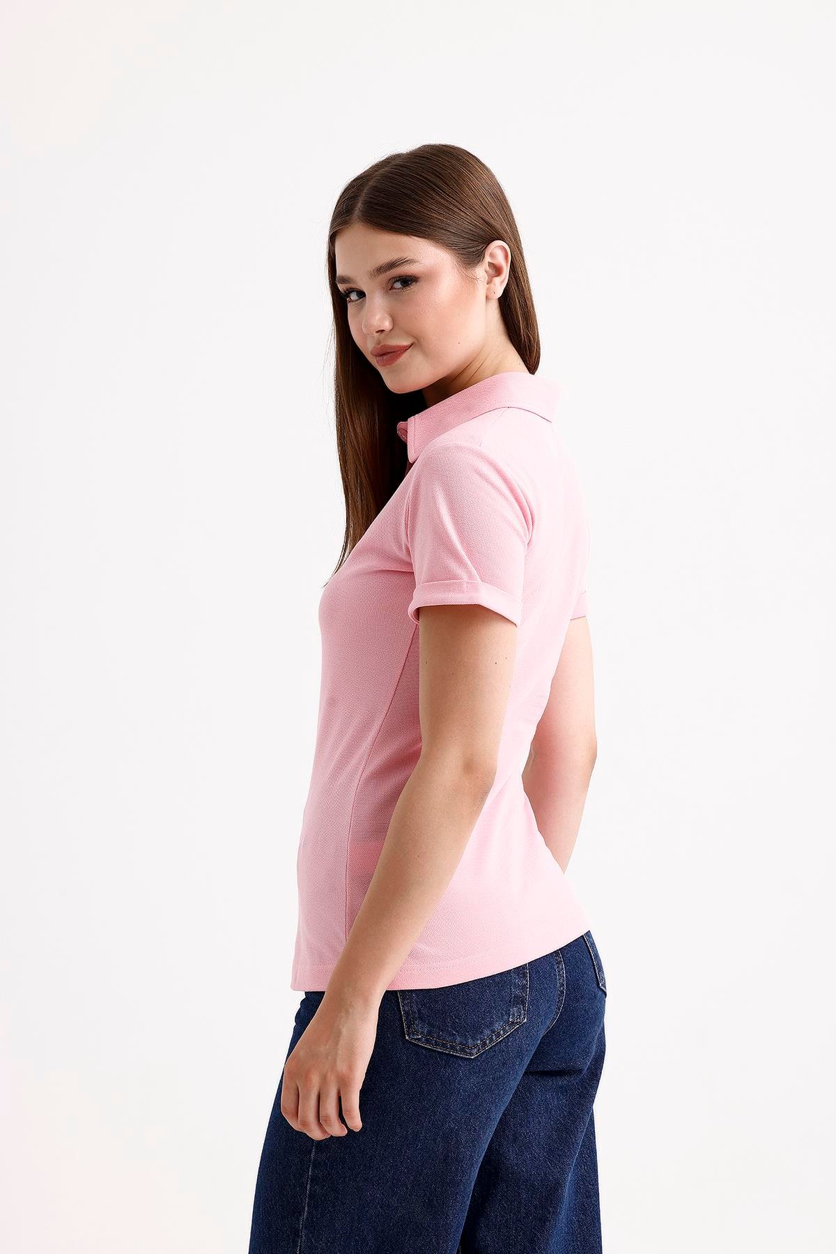 SWEETNESS Kadın Pembe Gömlek Yaka Kısa Kol Pamuklu TişörtSWEETNESS