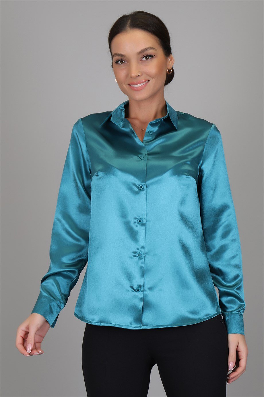 SWEETNESS Women's Petrol Green Satin ShirtSWEETNESS