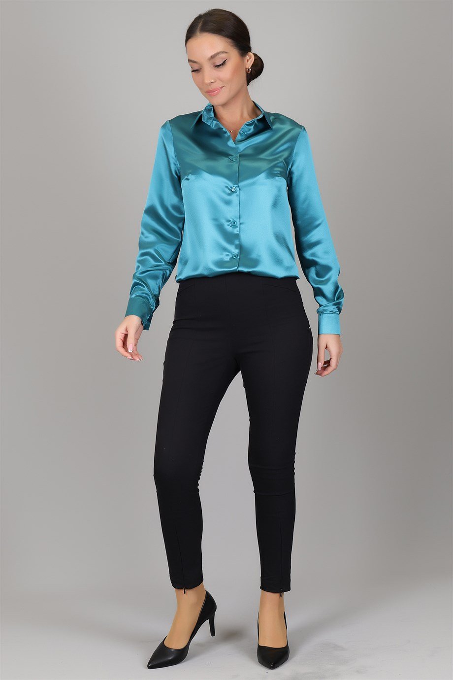 SWEETNESS Women's Petrol Green Satin ShirtSWEETNESS