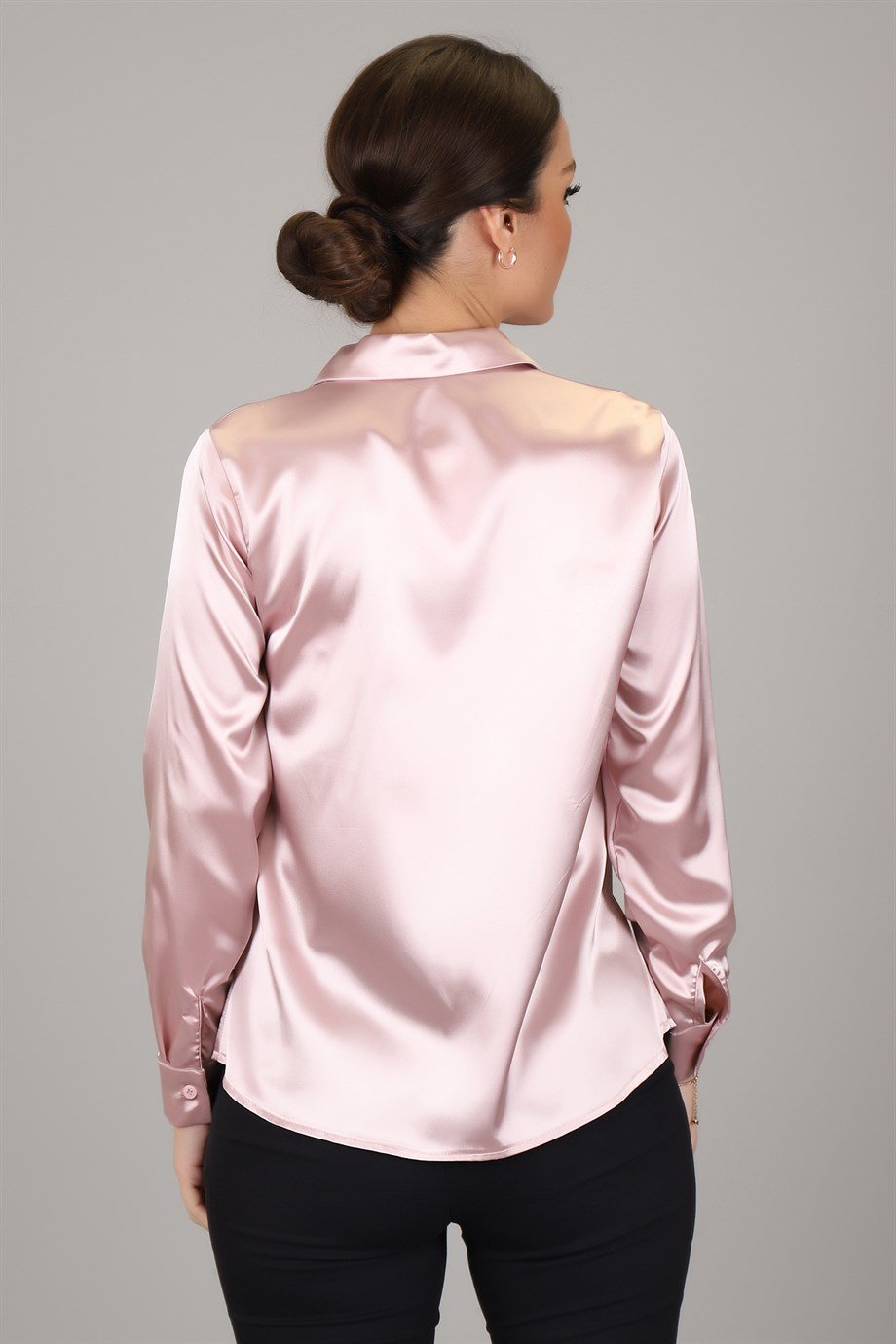 SWEETNESS Kadın Pura Pembe  Likralı  Saten Uzun Kol Abiye Gömlek SWEETNESS